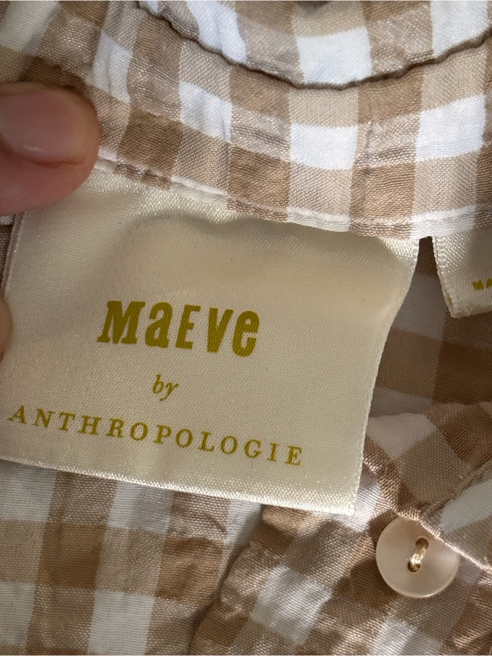 Anthropologie Tan and White Gingham Cap-Sleeve Button-Down Top - Picture 5 of 11
